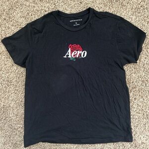 Aeropostale Black Tee with Red and Green Rose Design